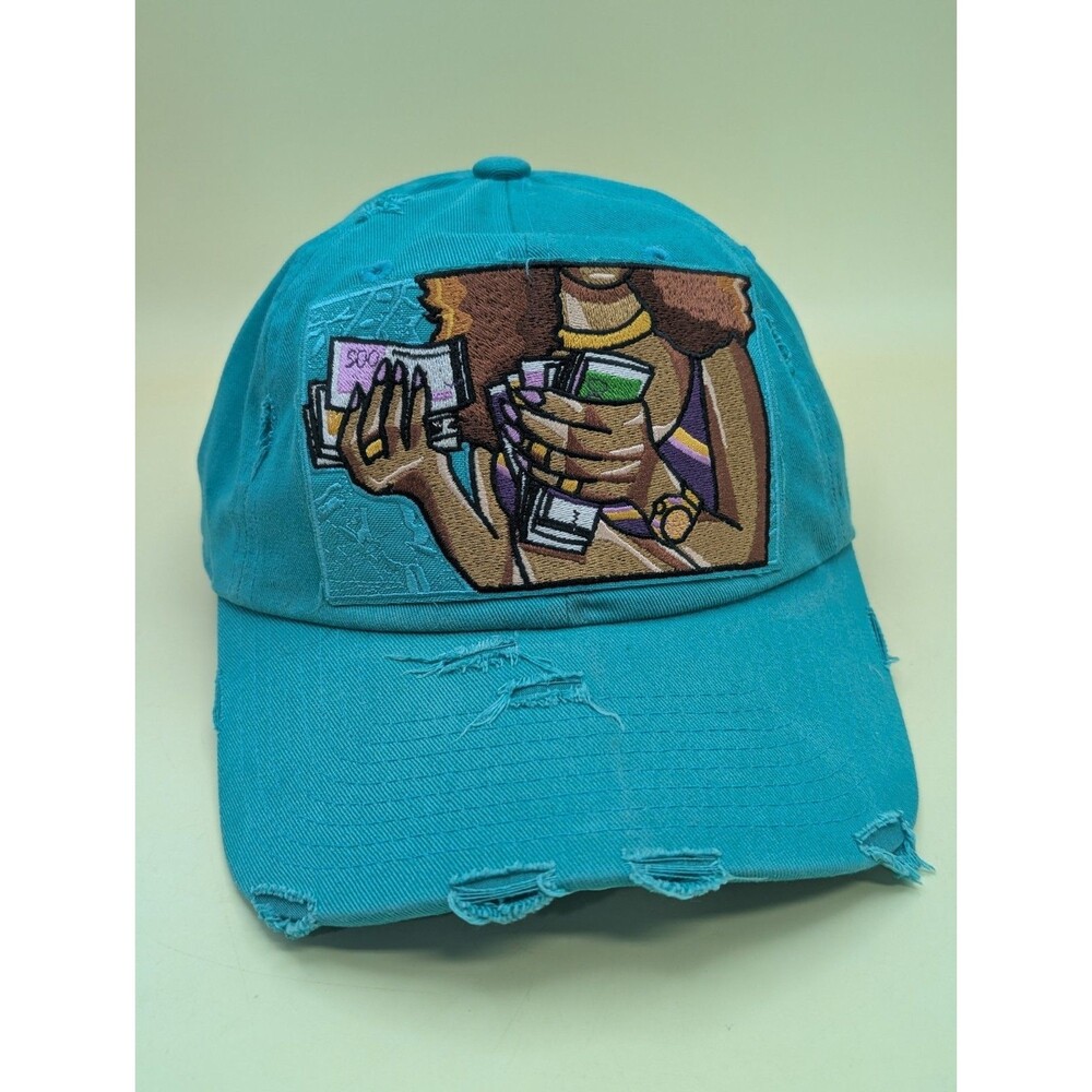 Distressed Teal Dad Hat Embroidered Girl $ Money Patch Baseball Cap Streetwear